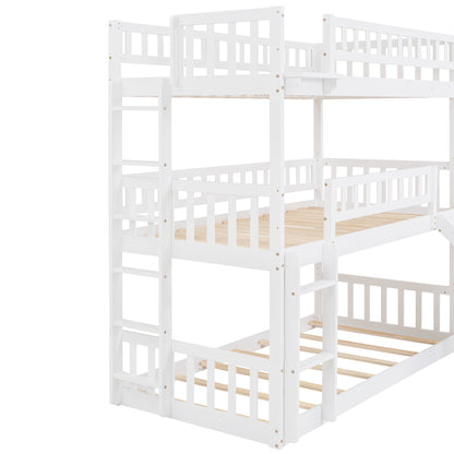 Twin-Over-Twin-Over-Twin Triple Bed with Built-in Ladder and Slide, Triple Bunk Bed with Guardrails, White(OLD SKU: LP000051AAK)