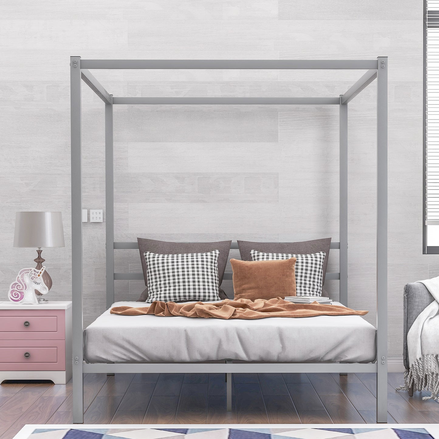 Metal Framed Canopy Platform Bed with Built-in Headboard,No Box Spring Needed, Classic Design, Queen , Sliver