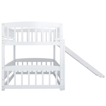Bunk Bed with Slide,Twin Over Twin Low Bunk Bed with Fence and Ladder for Toddler Kids Teens White