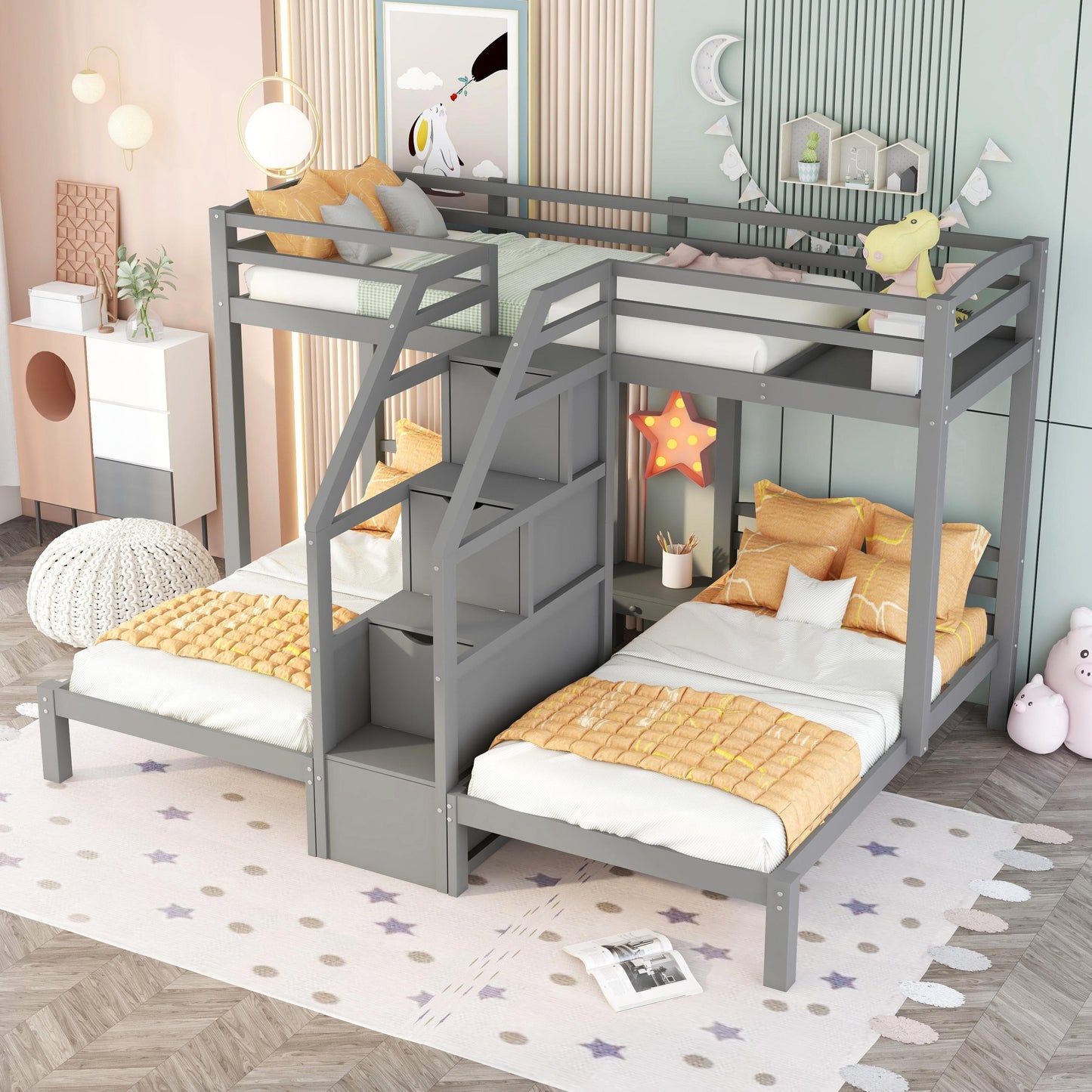 Twin over Twin & Twin Bunk Bed with Built-in Staircase and Storage Drawer,Gray