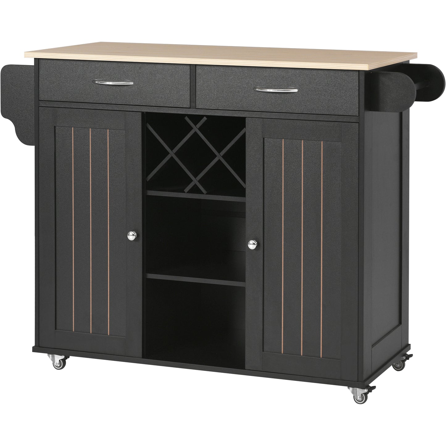 K&K Store Kitchen Island Cart with Two Storage Cabinets and Four Locking Wheels，Wine Rack, Two Drawers,Spice Rack, Towel Rack （Black）