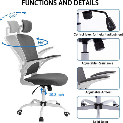 Office Chair Mesh High Back Computer Chair Height Adjustable Swivel Desk Chairs with Wheels,Adjustable Armrest Backrest Headrest,Grey