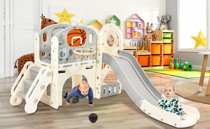 Kids Slide Playset Structure, Freestanding Castle Climbing Crawling Playhouse with Slide, Arch Tunnel, Ring Toss, and Basketball Hoop, Toy Storage Organizer for Toddlers, Kids Climbers Playground