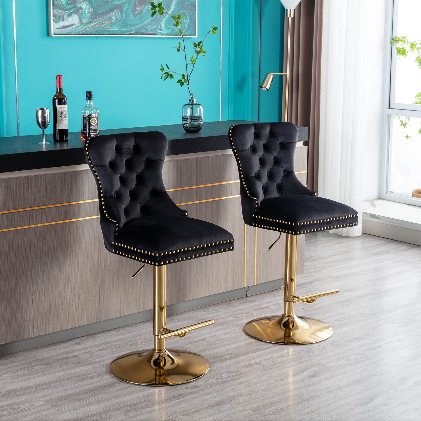 Swivel Bar Stools Chair Set of 2 Modern Adjustable Counter Height Bar Stools, Velvet Upholstered Stool with Tufted High Back & Ring Pull for Kitchen , Chrome Golden Base, Black