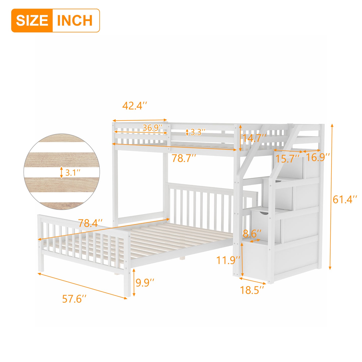 Twin over Full Loft Bed with Staircase,White(OLD SKU:SM000107AAK)