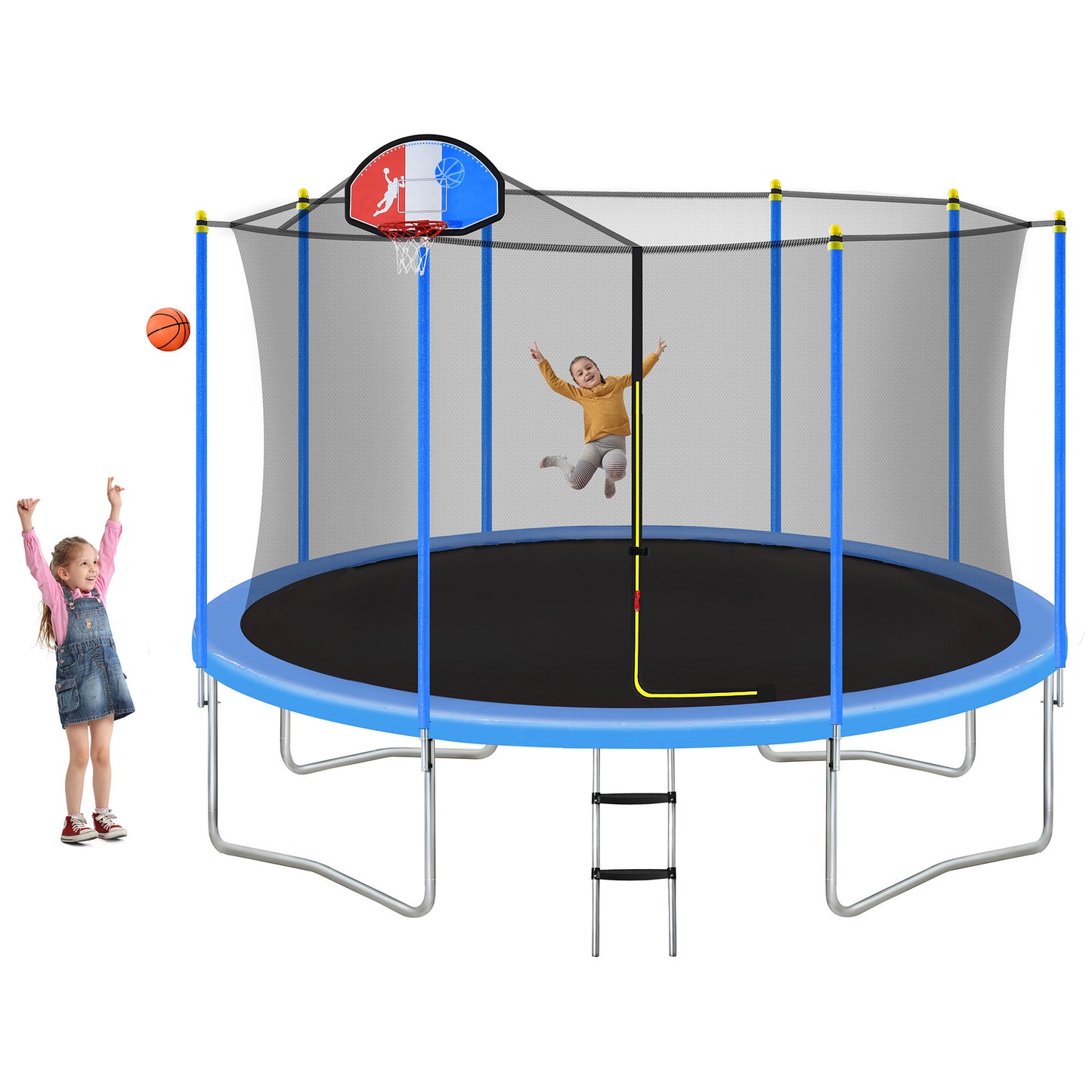 12FT Trampoline for Kids with Safety Enclosure Net, Basketball Hoop and Ladder, Easy Assembly Round Outdoor Recreational Trampoline