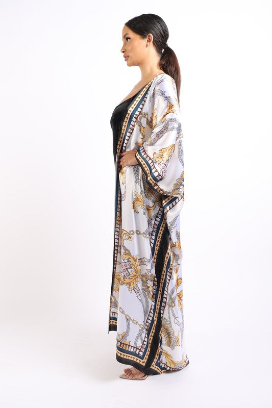 Printed satin maxi kimono