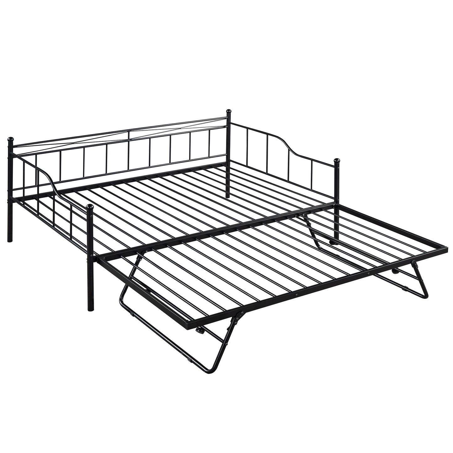 Full Size Metal Daybed with Twin Size Adjustable Trundle, Portable Folding Trundle, Black