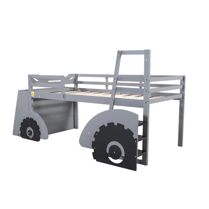 Twin Size Forklift Car-Shaped Loft Bed with Storage Shelves,Gray