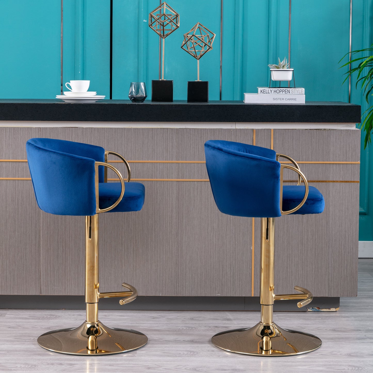 Set of 2  Bar Stools,with Chrome Footrest and Base Swivel Height Adjustable Mechanical Lifting Velvet + Golden Leg Simple Bar Stool-Navy