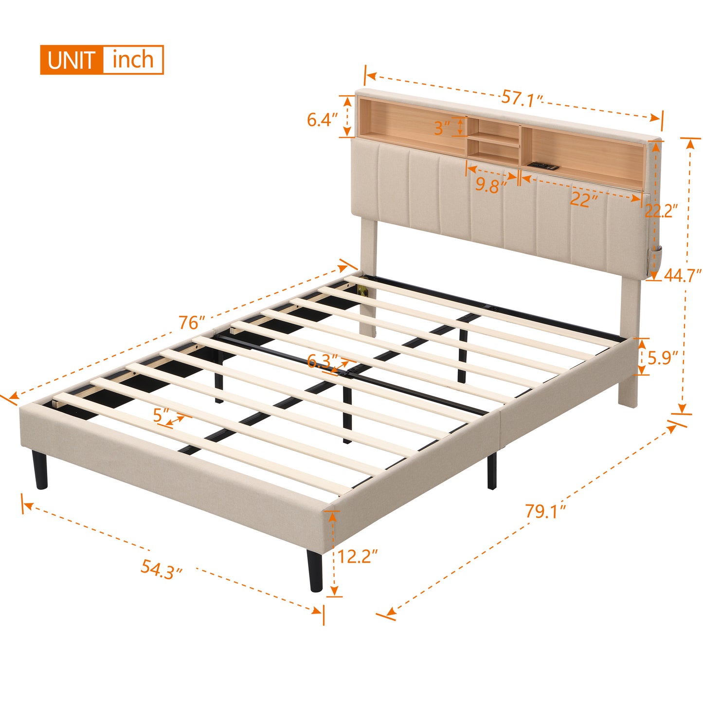 Full size Upholstered Platform Bed with Storage Headboard and USB Port,  Linen Fabric Upholstered Bed (Beige)