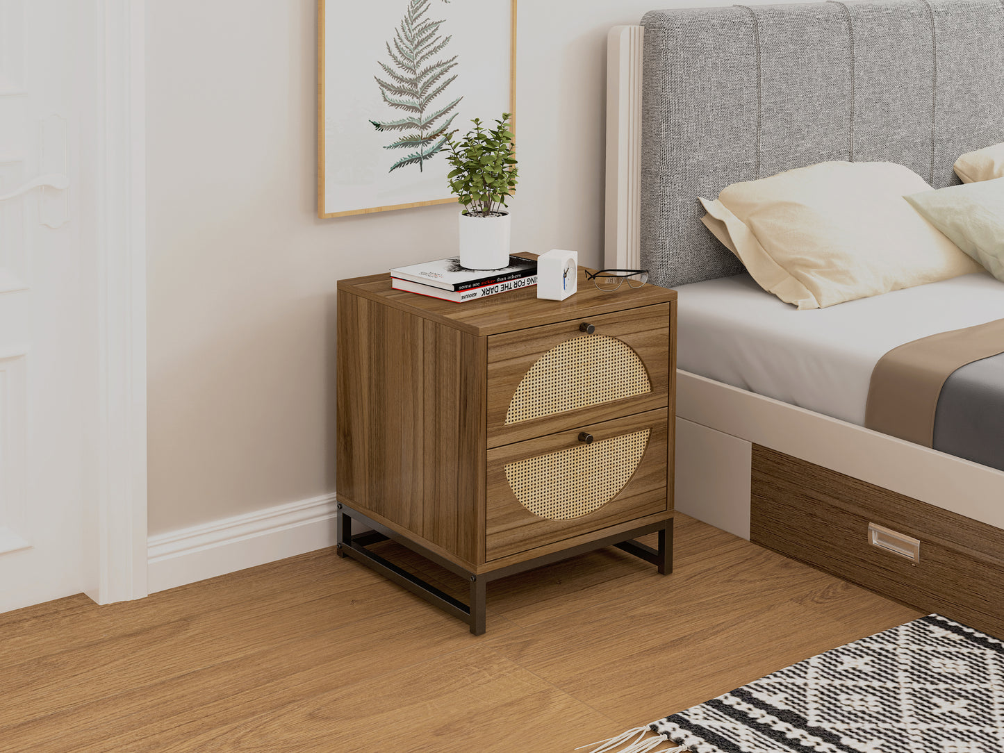 Rattan Nightstand Set of 2, Walnut End Table with 2 Natural Rattan Drawer & Metal Legs