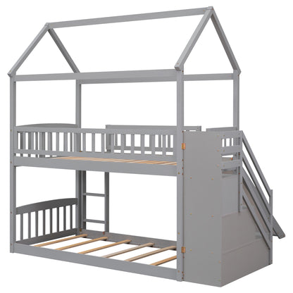 Twin Over Twin Bunk Bed with Drawers and Slide, House Bed with Slide,Gray(OLD SKU :LT000215AAE)