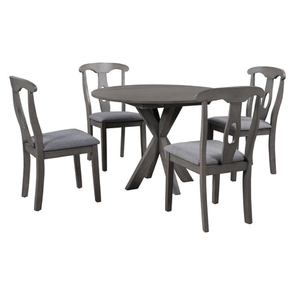 TOPMAX Rustic Farmhouse 5-Piece Wood Round Dining Table Set for 4, Kitchen Furniture with Drop Leaf and 4 Padded Dining Chairs for Small Places, Grey