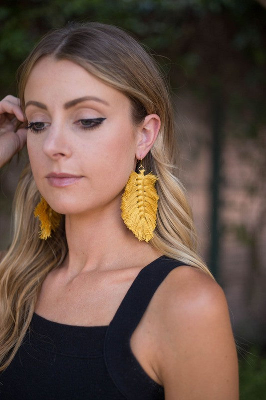 Mustard Yellow Macrame Leaf Earrings