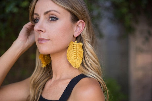 Mustard Yellow Macrame Leaf Earrings