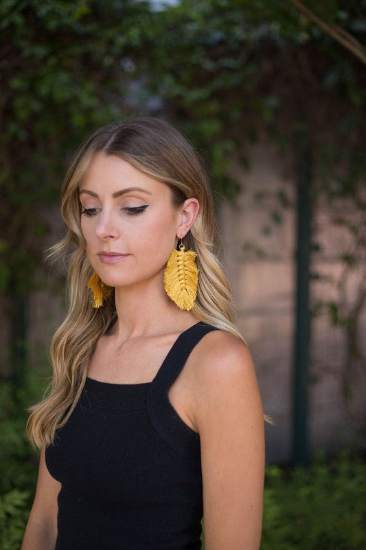 Mustard Yellow Macrame Leaf Earrings