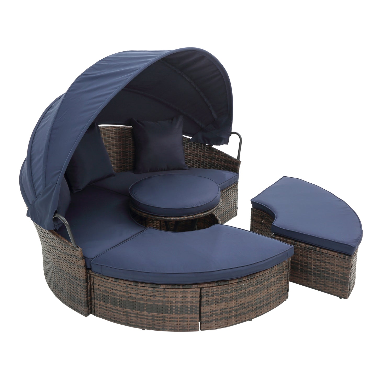 Hot Sale KD Rattan Round Lounge With Canopy Bali Canopy Bed Outdoor, Wicker Outdoor Sofa Bed with lift coffee table