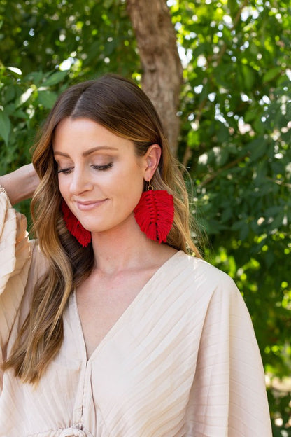 Red Macrame Leaf Earrings