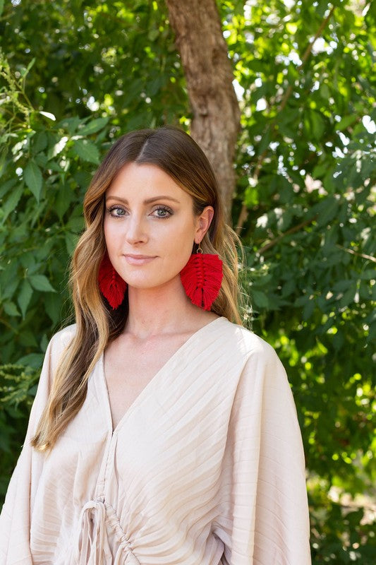 Red Macrame Leaf Earrings