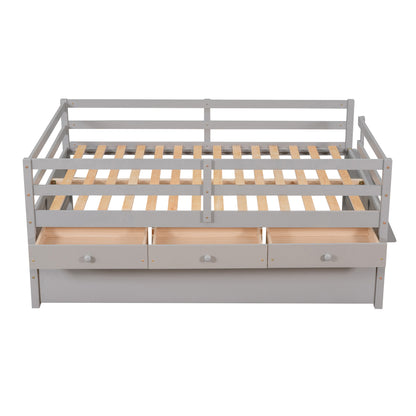 Low Loft Bed Full Size with Full Safety Fence, Climbing ladder, Storage Drawers and Trundle Gray Solid Wood Bed