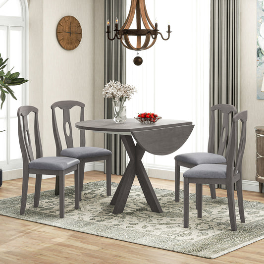 TOPMAX Rustic Farmhouse 5-Piece Wood Round Dining Table Set for 4, Kitchen Furniture with Drop Leaf and 4 Padded Dining Chairs for Small Places, Grey