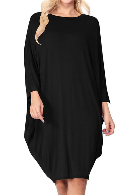 Solid knit dress Crew neck Long dolman sleeves