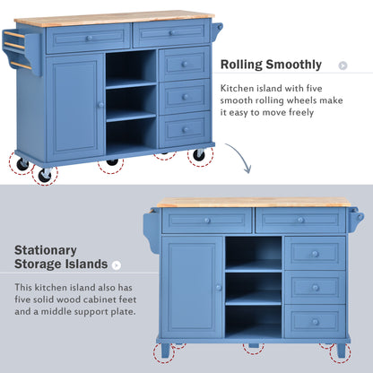 K&K kitchen cart with Rubber wood desktop rolling mobile kitchen island with storage and 5 draws 53 Inch width （Blue）