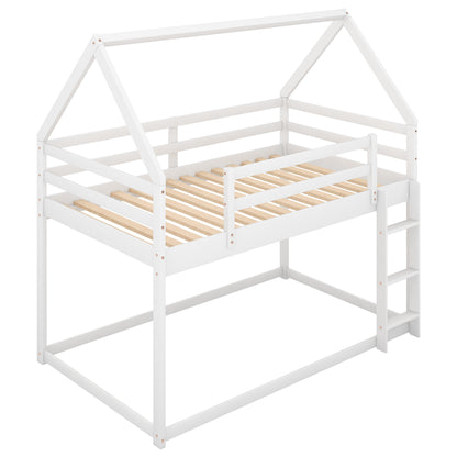 Twin over Twin Low Bunk Bed, House Bed with Ladder , White(OLD SKU:WF197808AAK)