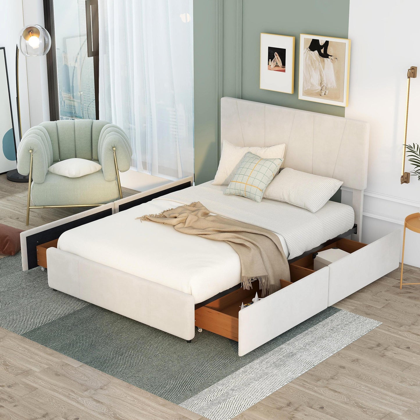 Full Size Upholstery Platform Bed with Four Drawers on Two Sides,Adjustable Headboard,Beige