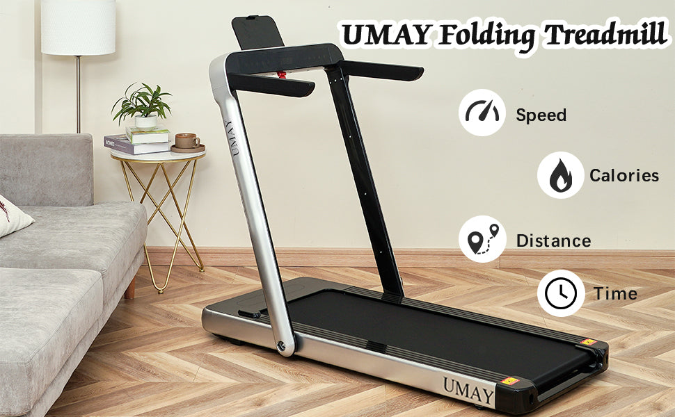 UMAY Folding Treadmill for Home with 4 inch LCD Display, 2.0 HP Motorized Running Machine with SPAX APP Control Bluetooth Speaker & phone Holder, Capacity 198 LBS