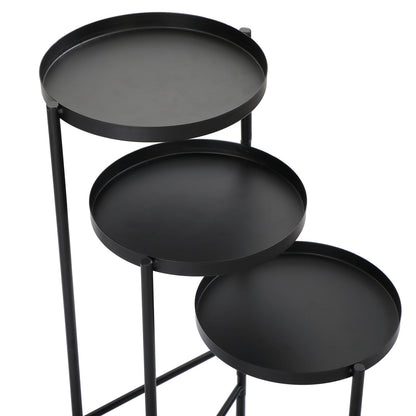 3 Tier Foldable Metal Plant Stand with Trays for Living Room, Bedroom, Balcony, Hallway, Black