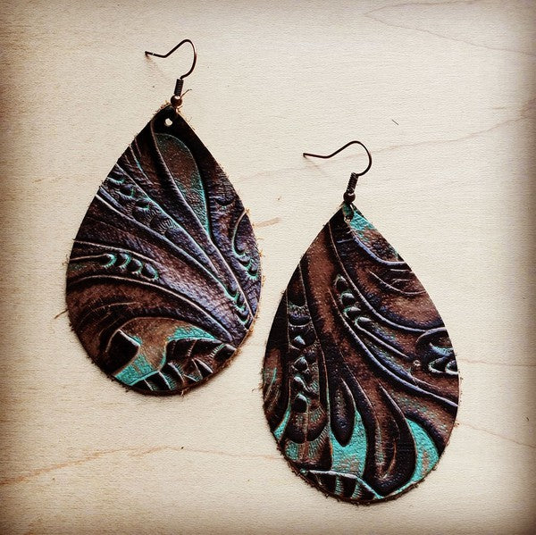 Leather Teardrop Earrings in Turq Brown Floral