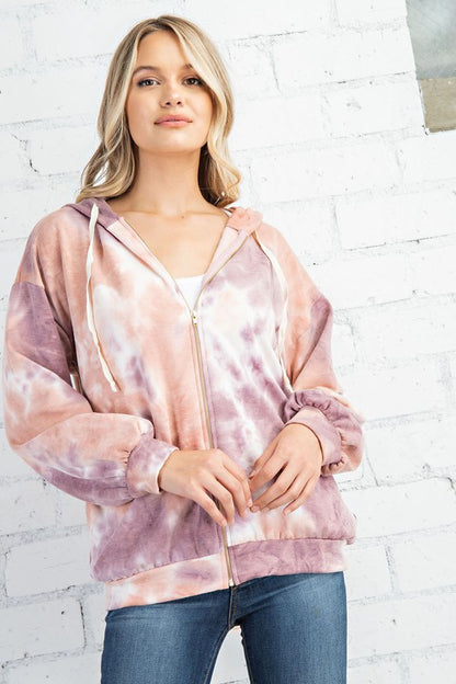 BRUSHED TERRY TIE DYE PRINT ZIP UP JACKET