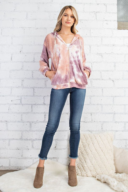 BRUSHED TERRY TIE DYE PRINT ZIP UP JACKET