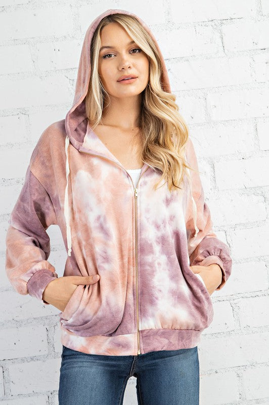 BRUSHED TERRY TIE DYE PRINT ZIP UP JACKET