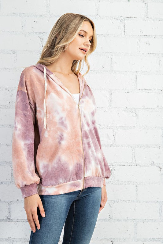 BRUSHED TERRY TIE DYE PRINT ZIP UP JACKET