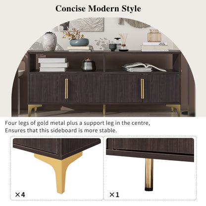 TREXM 58” L Sideboard with Gold Metal Legs and Handles Sufficient Storage Space Magnetic Suction Doors (Espresso)