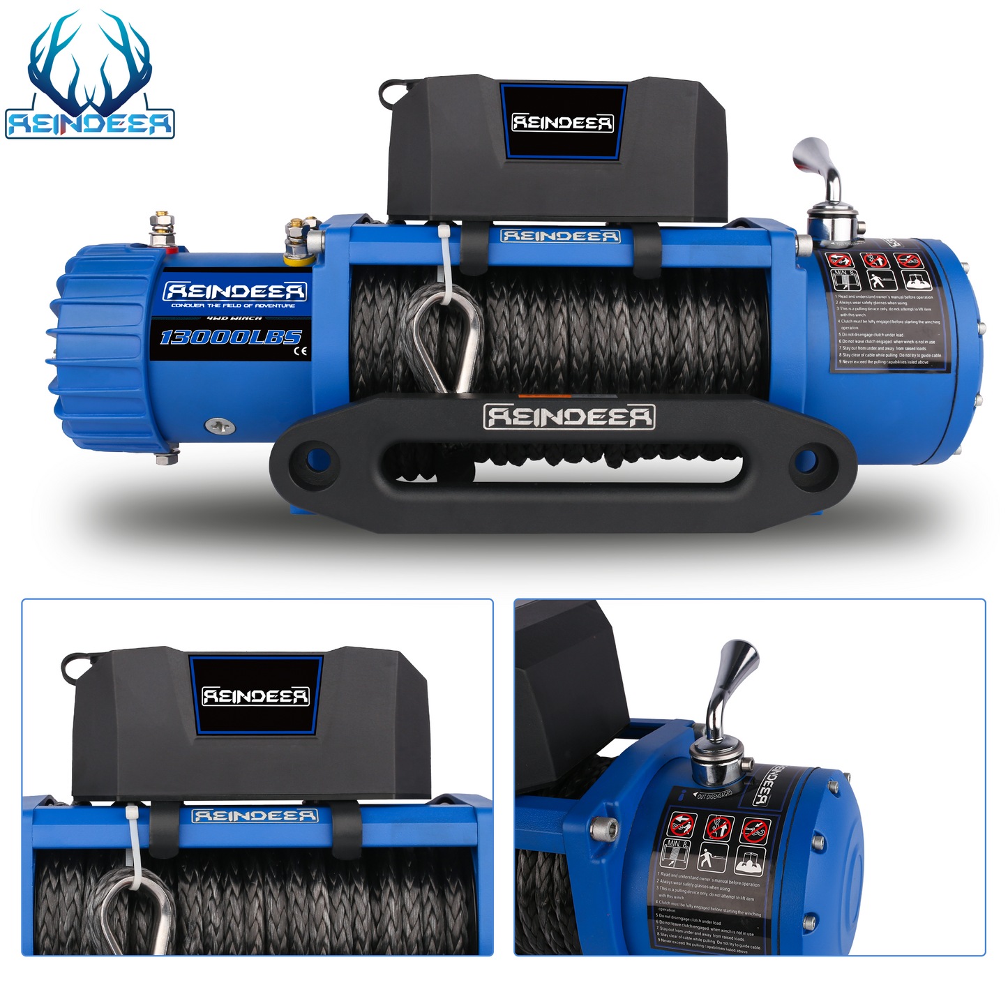 REINDEER New 12V Winch 13000 lb Load Capacity Electric Winch Synthetic Rope with Hawse Fairlead Waterproof IP67 with Wireless Handheld Remotes