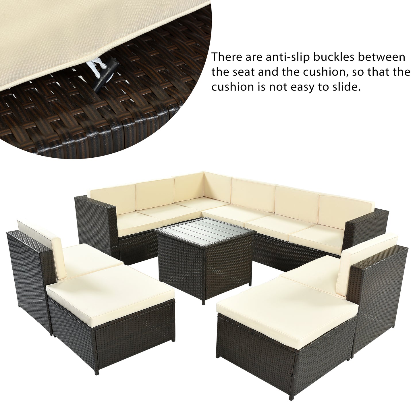 U_Style 9 Piece Rattan Sectional Seating Group with Cushions and Ottoman, Patio Furniture Sets, Outdoor Wicker Sectional