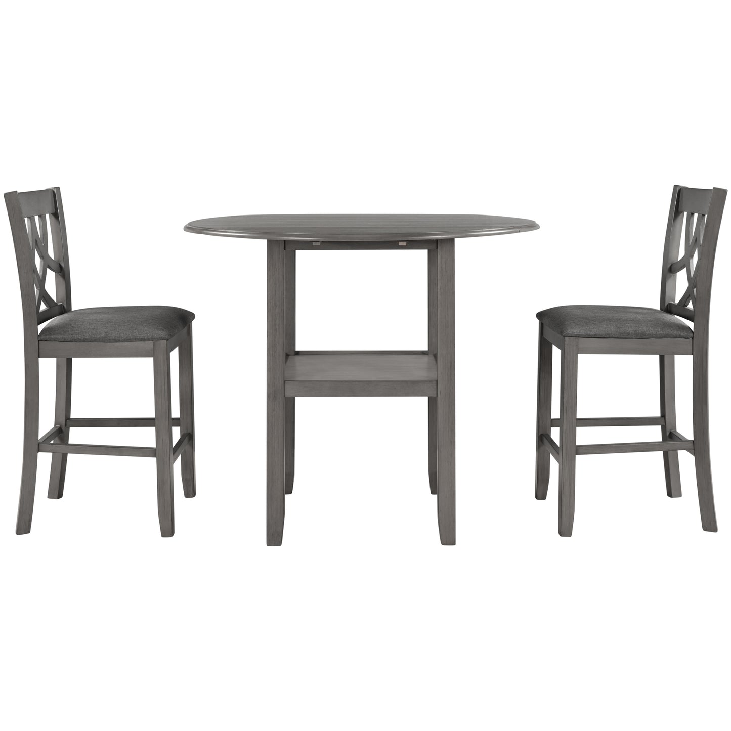 TOPMAX Farmhouse 3 Piece Round Counter Height Kitchen Dining Table Set with Drop Leaf Table, One Shelf and 2 Cross Back Padded Chairs for Small Places, Gray