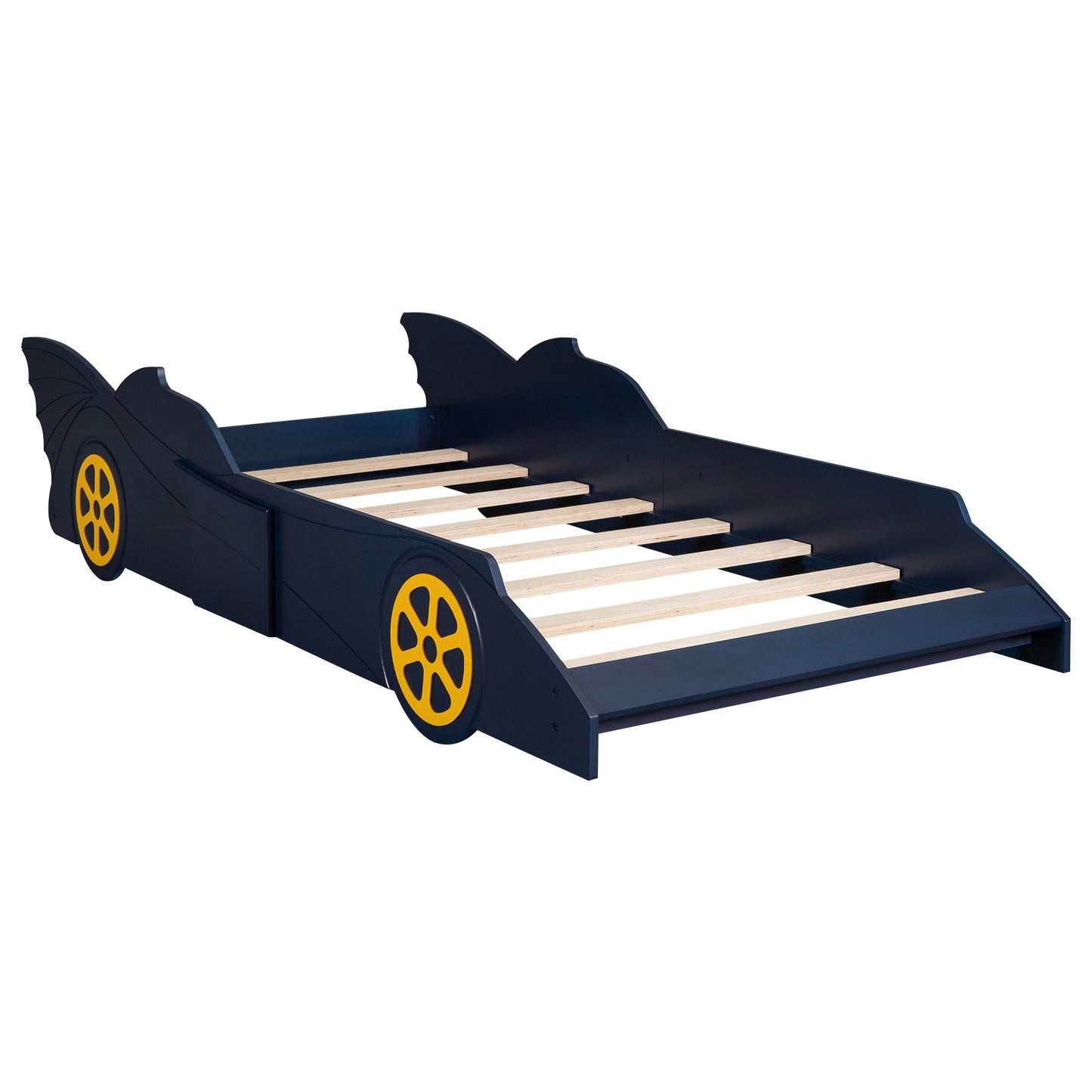 Twin Size Race Car-Shaped Platform Bed with Wheels,Blue+Yellow