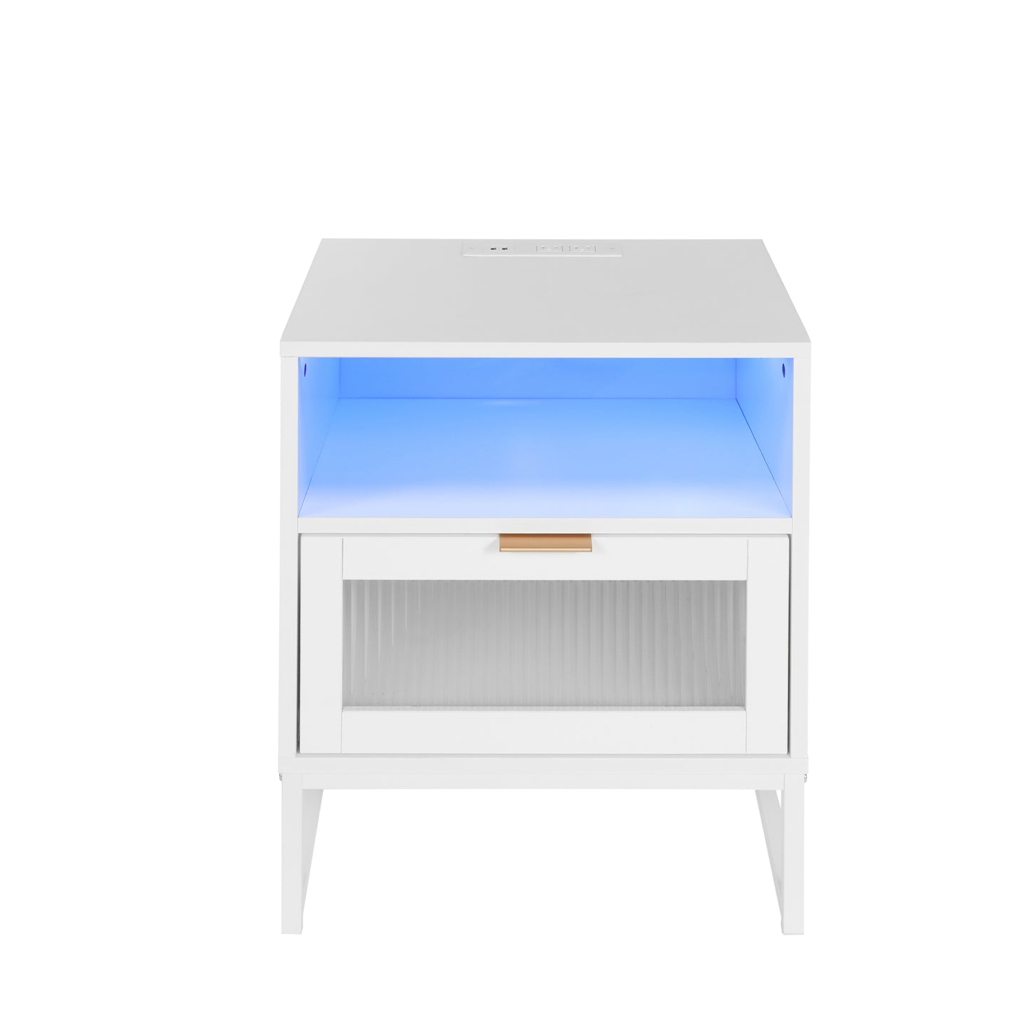 Nightstand with  LED Lights / Drawer, White Bedside Table for Bedroom