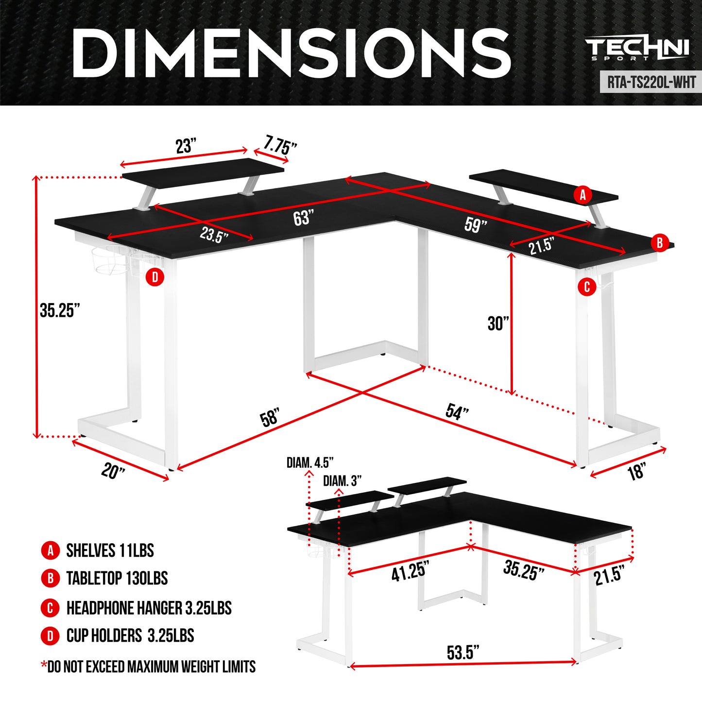 Techni Sport Warrior L-Shaped Gaming Desk, White