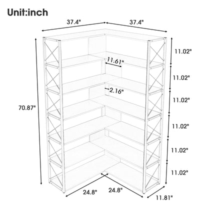 Silver+Grey 7-Tier Bookcase Home Office Bookshelf,  L-Shaped Corner Bookcase with Metal Frame, Industrial Style Shelf with Open Storage, MDF Board