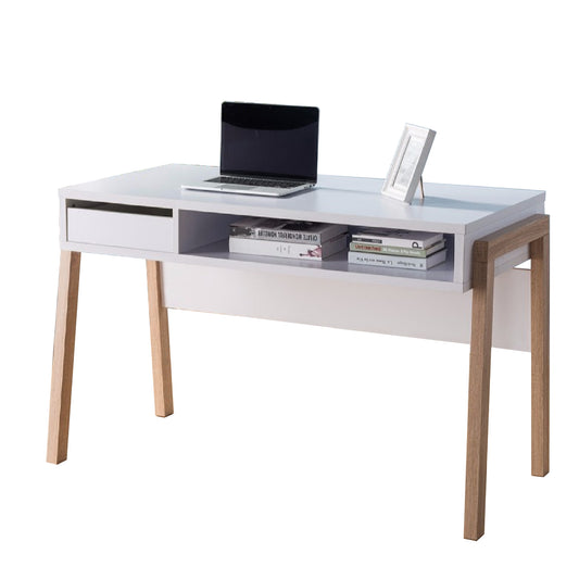 Contemporary Style Desk With Open Storage Shelf, White and brown