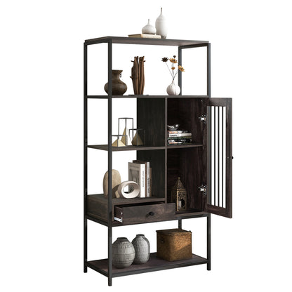 Home Office Bookcase and Bookshelf 5 Tier Display Shelf with Doors and Drawers, Freestanding Multi-functional Decorative Storage Shelving, Vintage Brown Industrial Style (Brown)