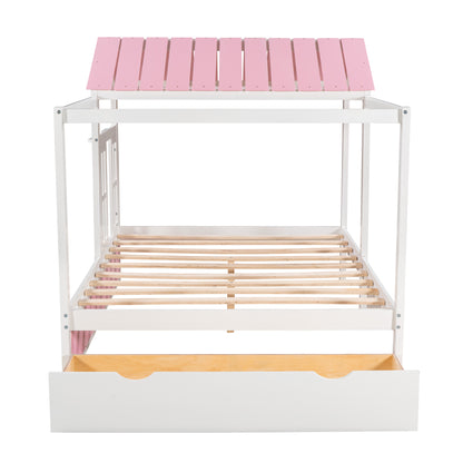 Full Size House Bed with Roof, Window and Drawer - Pink + White