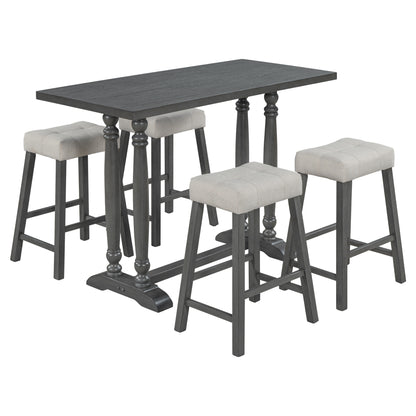 TREXM 5-Piece Dining Table Set, Counter Height Dining Furniture with a Rustic Table and 4 Upholstered Stools for Kitchen, Dining Room (Gray)