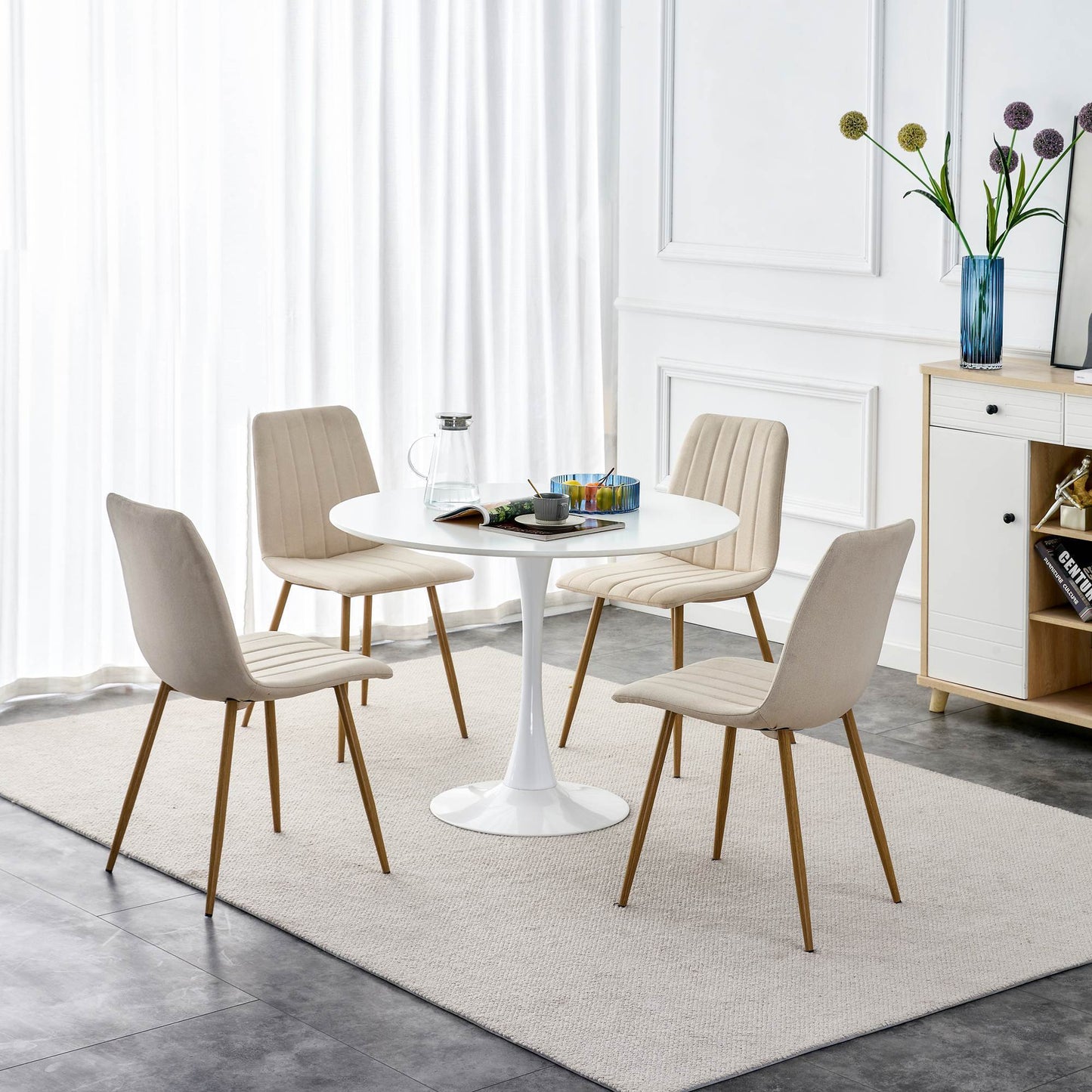 Dining Chairs Set of 4, Modern Style Dining Kitchen Room Upholstered Side Chairs.Accent office Chairs with Soft Linen and Wood Color Metal Legs.For Dining Room Living Room Office.Light Beige